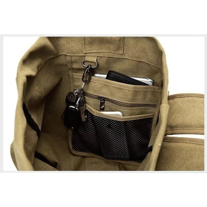 9eight5 military-style khaki backpack with duffel bag design, featuring adjustable straps and spacious main compartment.