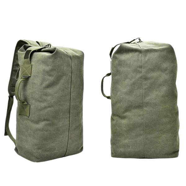 Khaki 9eight5 backpack with duffel bag style, military-inspired design, showing adjustable shoulder straps and spacious main compartment.