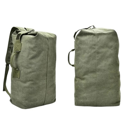 Khaki 9eight5 backpack with duffel bag style, military-inspired design, showing adjustable shoulder straps and spacious main compartment.