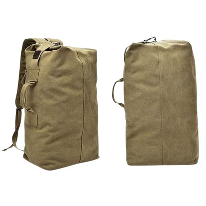 Khaki 9eight5 backpack with duffel bag style, military design, 55cm x 30cm x 20cm, featuring sturdy straps and spacious compartments.