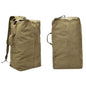 Khaki 9eight5 backpack with duffel bag style, military design, 55cm x 30cm x 20cm, featuring sturdy straps and spacious compartments.