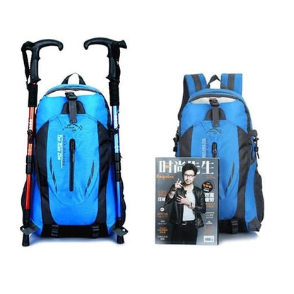 Blue and black 9eight5 multi-use backpack with adjustable straps, showing front view and spacious interior, measuring 51cm x 31cm x 18cm.