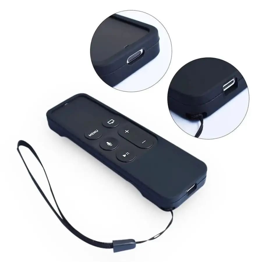 Black 9eight5 remote cover for Apple TV 4th generation remote, made of durable silicone for electronics accessories.