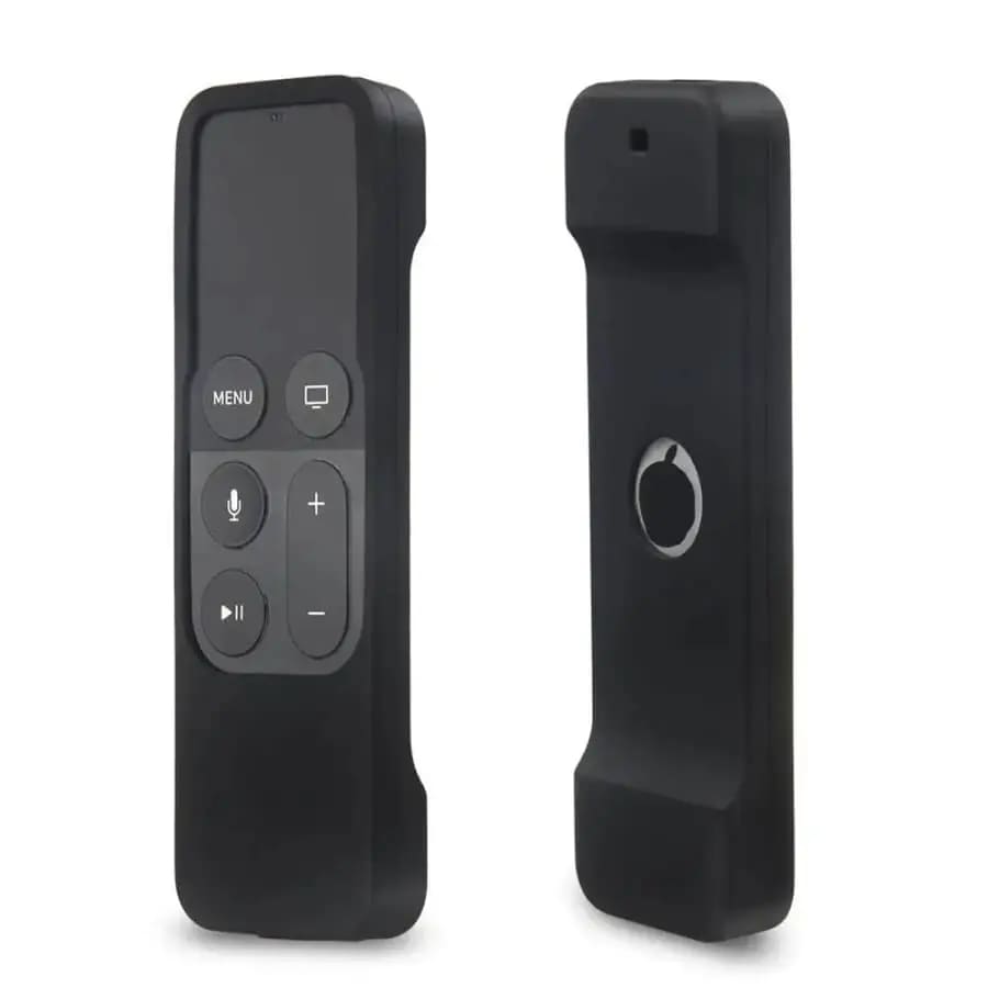 Black 9eight5 Apple TV 4th Gen remote cover, protective electronics accessory for Apple TV remote control.