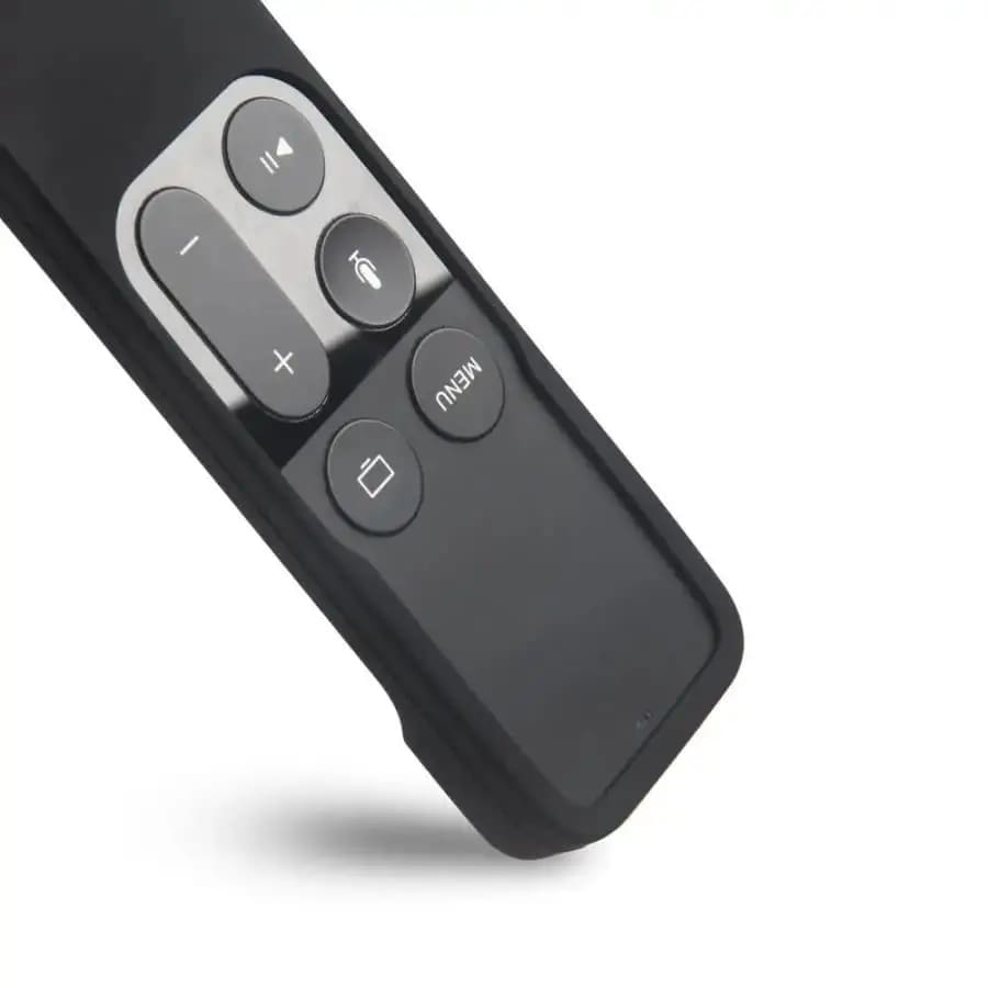 Black Apple TV 4th Gen remote cover by 9eight5, made of durable material for protection and easy grip.
