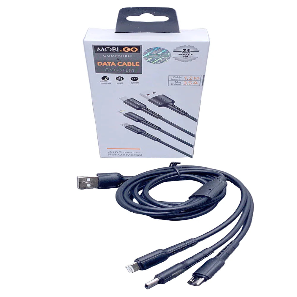9eight5 Mobigo 1.2m 3-in-1 cable showing multiple connectors for versatile electronics accessories.