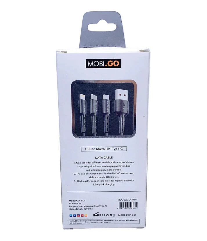 9eight5 Mobigo 1.2m 3-in-1 electronic accessory cable with multiple connectors for versatile device charging and data transfer.