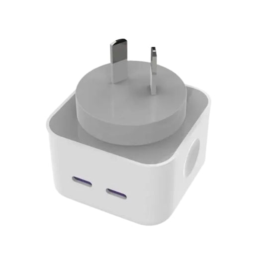 9eight5 double Type C power adapter wall plug for NZ and Australia, compact electronics accessory for charging devices.