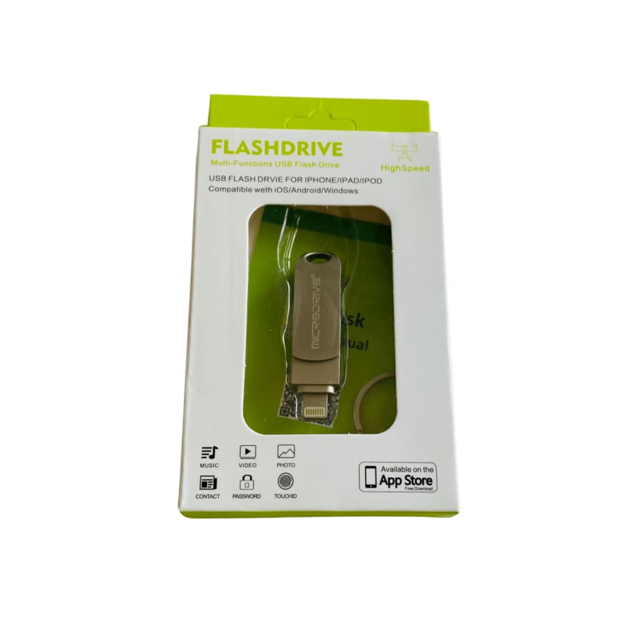 9eight5 64GB flash drive for iPad and iPhone, compact electronics accessory with USB and Lightning connectors for data transfer.