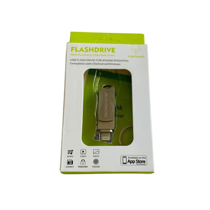 9eight5 64GB flash drive for iPad and iPhone, compact electronics accessory with USB and Lightning connectors for data transfer.