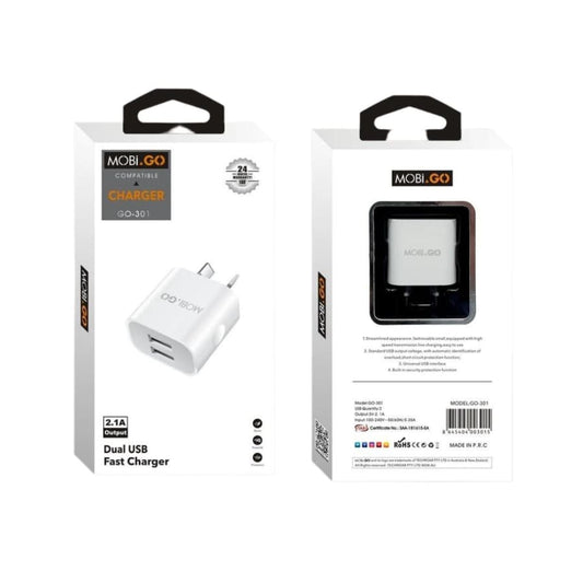 9eight5 Mobigo dual USB power adapter wall plug for NZ and AUS, compact electronics accessory with two USB ports.