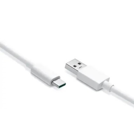 White 1m 9eight5 USB-A to USB-C charger cable for OnePlus phones, durable electronics accessory for fast charging and data transfer.