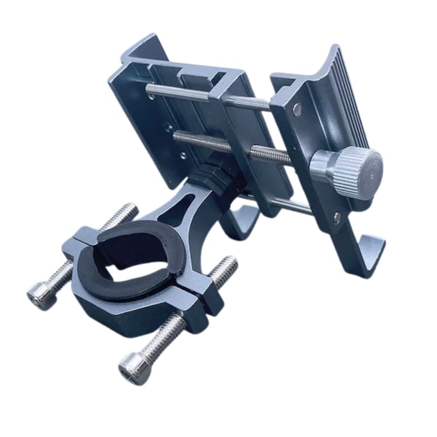 Super strength 9eight5 bike and motorbike phone holder attached to handlebars, showcasing secure grip and durable electronic accessory.