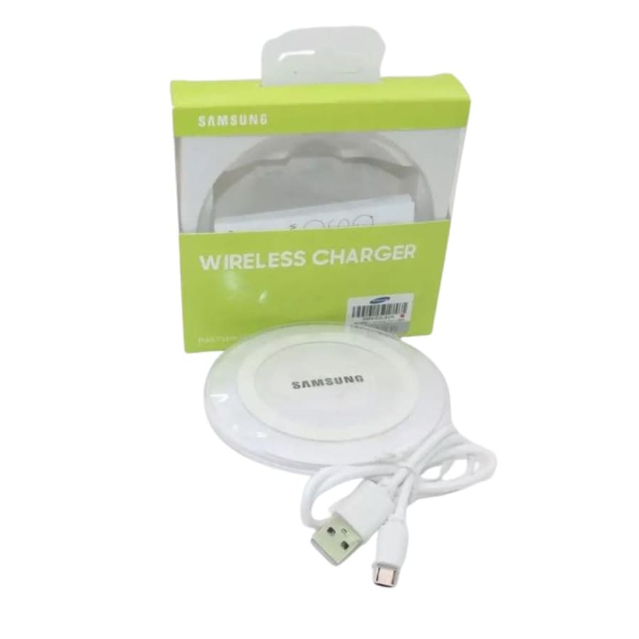 White 9eight5 wireless charger for Samsung smartphones, compact electronic accessory for fast and convenient charging.