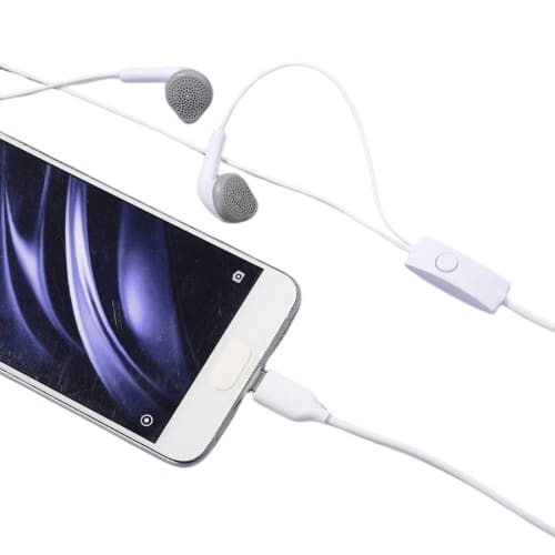 White 9eight5 Type C earphones with sleek design and in-ear style, perfect for electronic device audio connection.