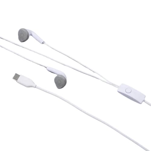 White 9eight5 Type C earphones for electronics accessories, with sleek design and wired connection visible in the image.