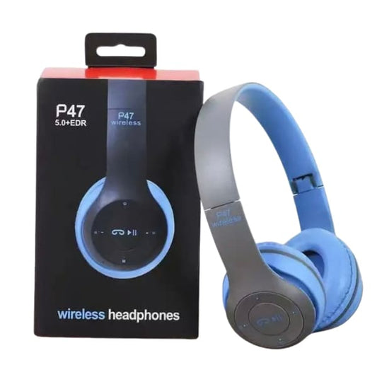Blue P47 wireless headphones by 9eight5, sleek over-ear design with ear cushions and adjustable headband for comfortable listening.