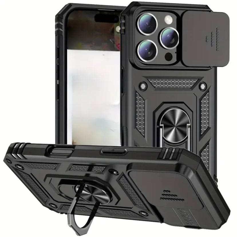 Black 9eight5 rugged armor case for iPhone 16 Pro Max 6.7-inch, designed for durable protection and sleek style.