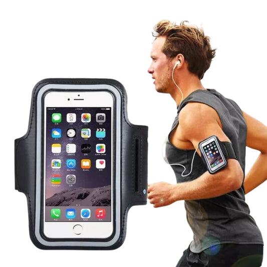 Black 9eight5 running armband for phone cases, designed for secure fit and comfort during exercise or running.
