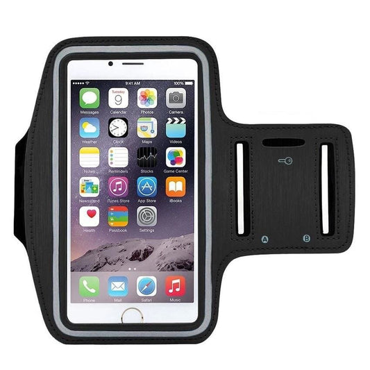 Black 9eight5 running armband for phone cases, designed to hold smartphones securely during exercise or running activities.