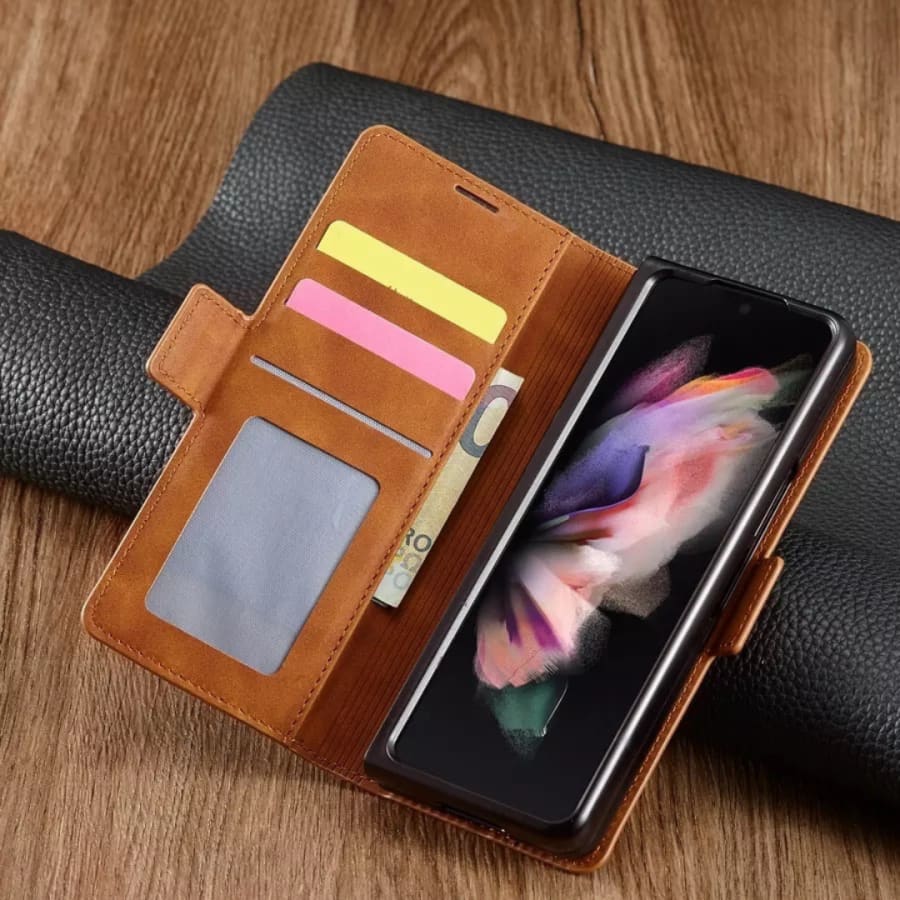 Black 9eight5 wallet phone case for Samsung Galaxy Z Fold 4, available in four colors, with card slots and protective design.
