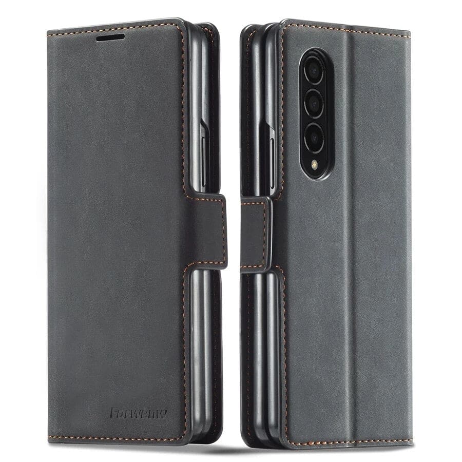 Black Samsung Galaxy Z Fold 5 wallet case by 9eight5, shown with card slots and sleek design for protected mobile use.