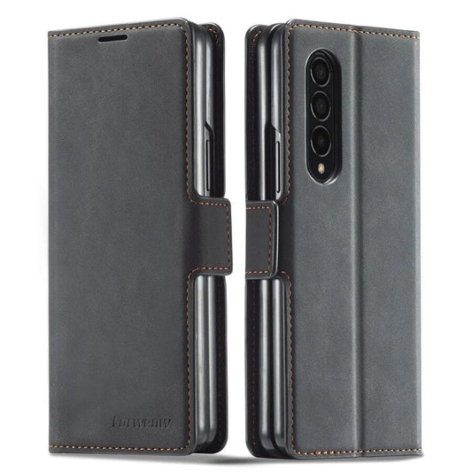 Black Samsung Galaxy Z Fold 5 wallet case by 9eight5, shown with card slots and sleek design for protected mobile use.