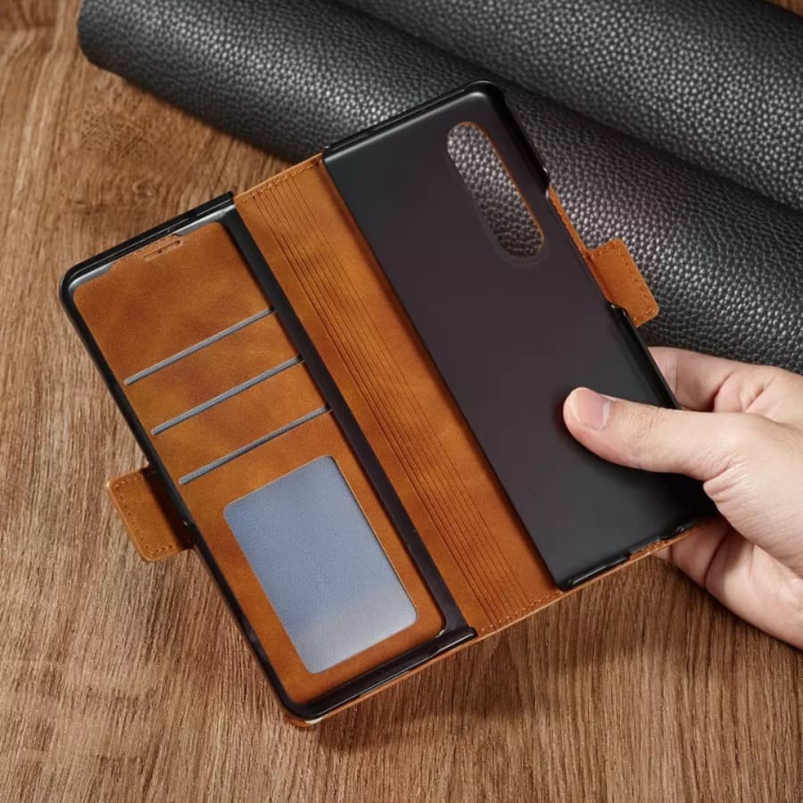 Black 9eight5 wallet case for Samsung Galaxy Z Fold 5, stylish phone cover with multiple color options visible in the image.
