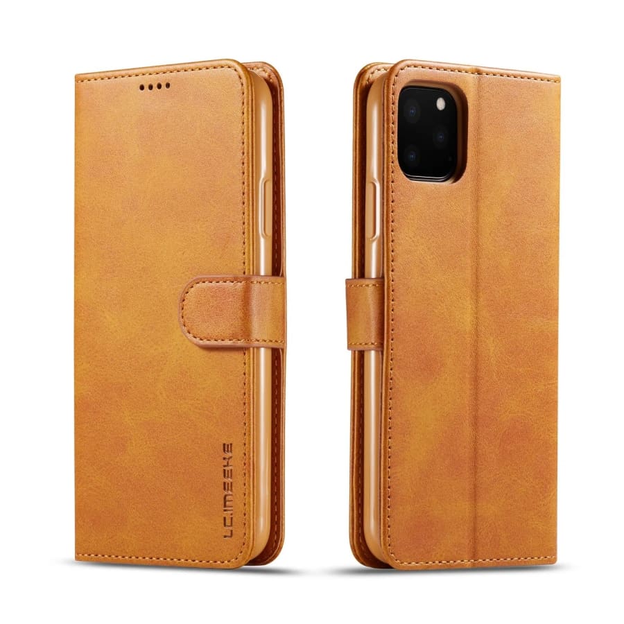 Brown flip case for iPhone 11 by 9eight5, showing the protective phone case with card slots in a natural, close-up view.