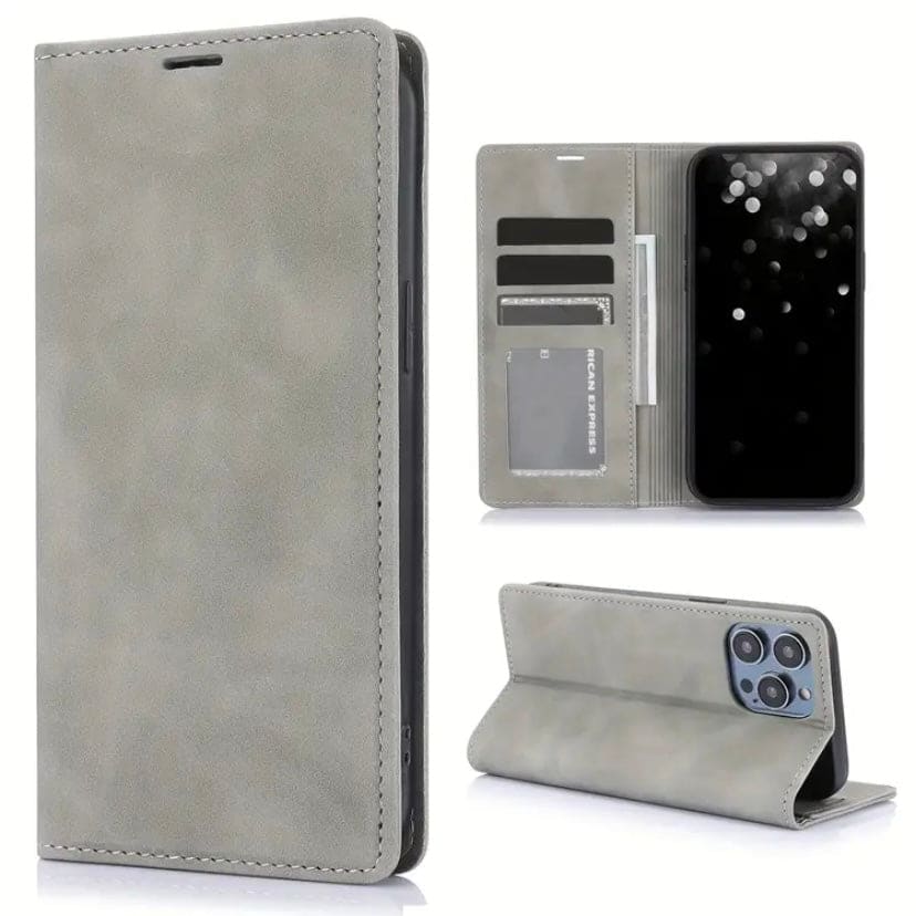 Brown flip case for iPhone 16 Plus by 9eight5, showing the front cover and slim design in a natural setting.