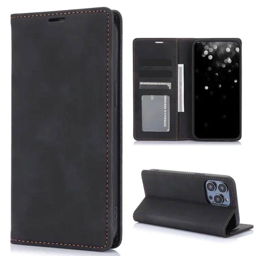 Brown flip case for iPhone 16 Plus by 9eight5, showing a protective phone cover with card slots in natural lighting.