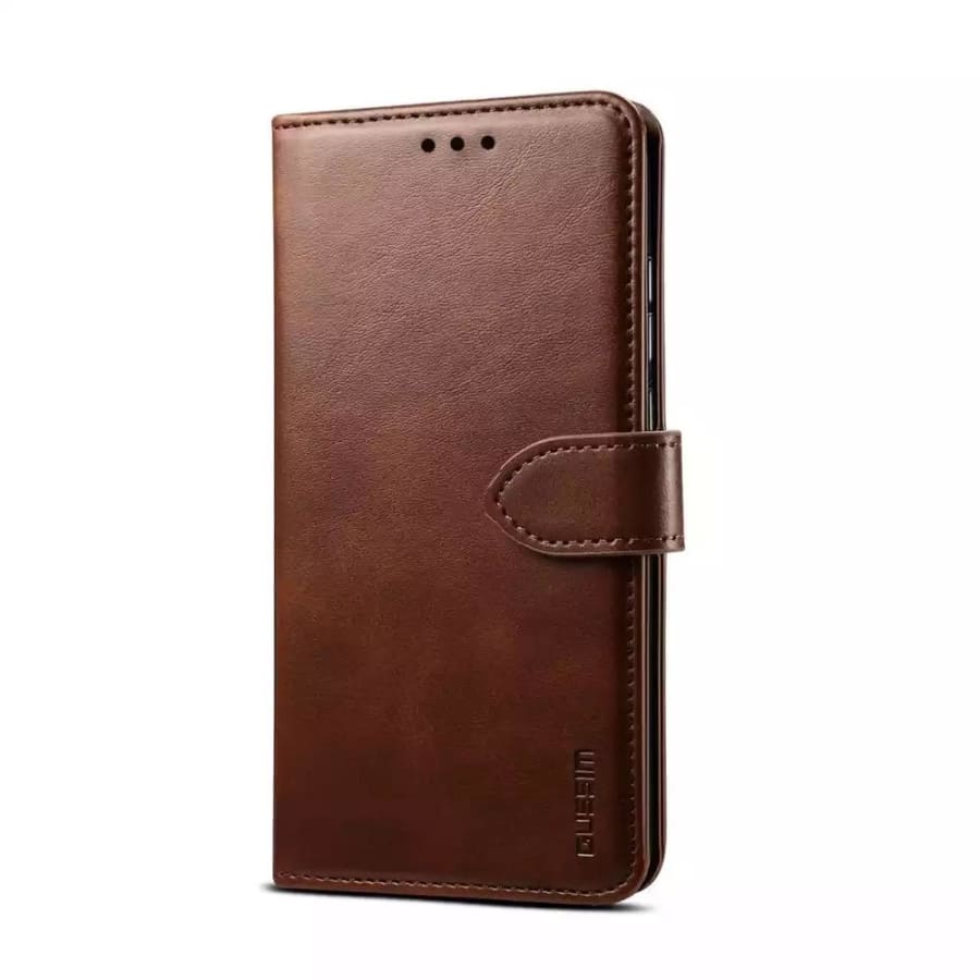 Brown synthetic leather flip case for Samsung Galaxy Note 9 by 9eight5, showing front view with open cover and card slots.