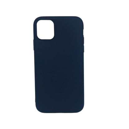 Navy blue silicone phone case for iPhone 11 by 9eight5, showing the smooth, flexible material and snug fit around the device.