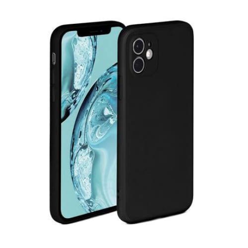 Black silicone phone case for iPhone 12 and 12 Pro by 9eight5, showing the smooth, flexible design on a sleek device.