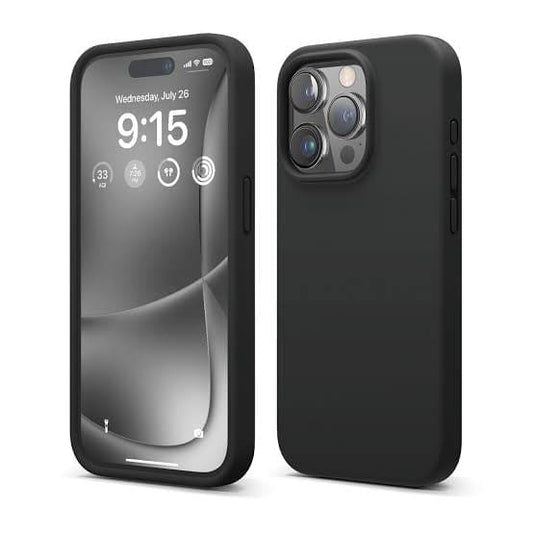 Black silicone phone case for iPhone 15 Pro 6.1-inch by 9eight5, showing a snug fit and soft texture.