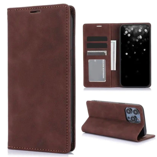 Brown flip case for iPhone 16 Pro by 9eight5, showing the front cover and side view of the phone in a sleek protective design.