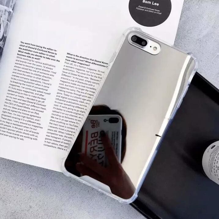 Silver mirror silicone case for iPhone 6 Plus/6s Plus by 9eight5, showing a sleek, shiny protective cover with a smooth finish.