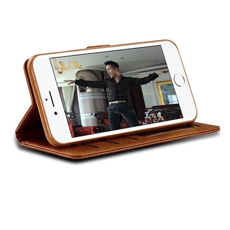 Brown synthetic leather flip case for iPhone 7 and 8 by 9eight5, showing the front and back of the protective phone cover.