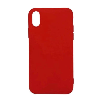Red silicone case for iPhone X and XS by 9eight5, showing a snug fit and smooth texture on the phone.
