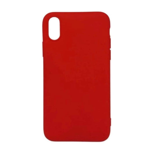 Red silicone case for iPhone X and XS by 9eight5, showing a snug fit and smooth texture on the phone.