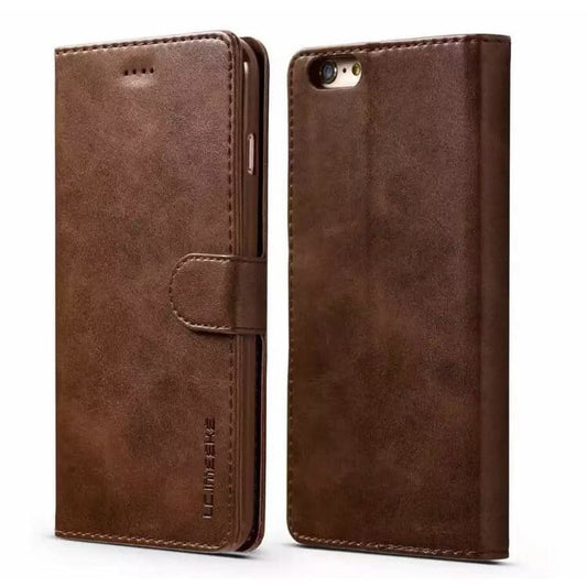 Brown synthetic leather flip case for iPhone X / XS by 9eight5, showing front and back of the protective phone cover.