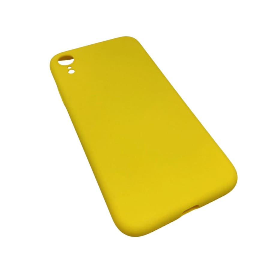 Yellow silicone phone case for iPhone XR by 9eight5, showcasing a flexible protective cover with smooth texture.