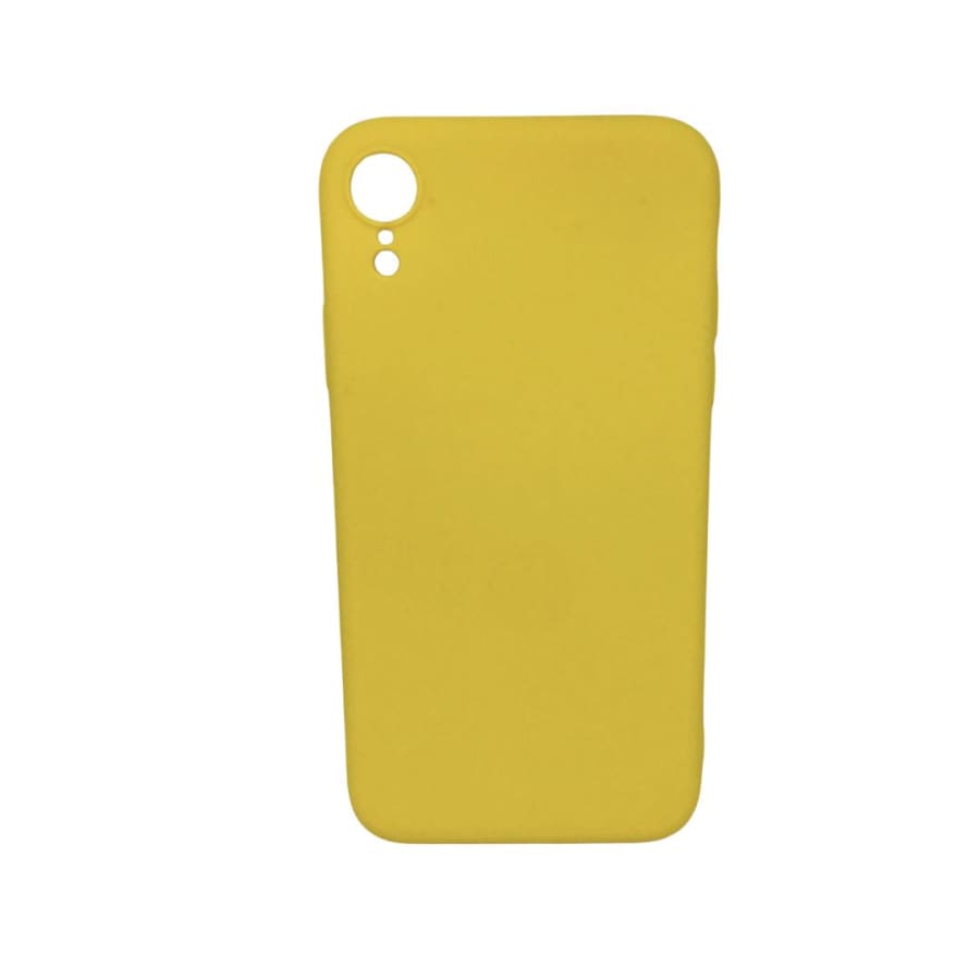 Yellow silicone phone case for iPhone XR by 9eight5, showing the snug fit and smooth texture of the protective cover.