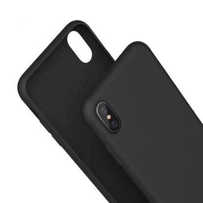 Black silicone phone case for iPhone X and XS by 9eight5, showing smooth, flexible material and precise cutouts.