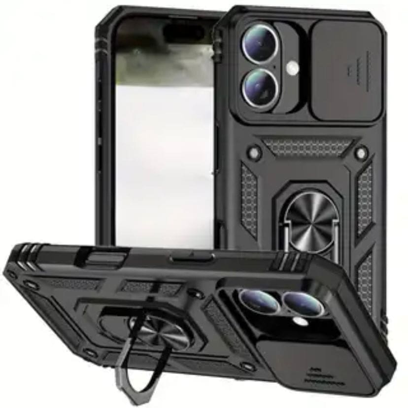 Black 9eight5 rugged armor phone case for iPhone 16 (6.1-inch), shown with textured grip and precise cutouts.