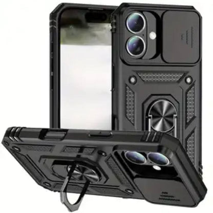 Black 9eight5 rugged armor phone case for iPhone 16 (6.1-inch), shown with textured grip and precise cutouts.