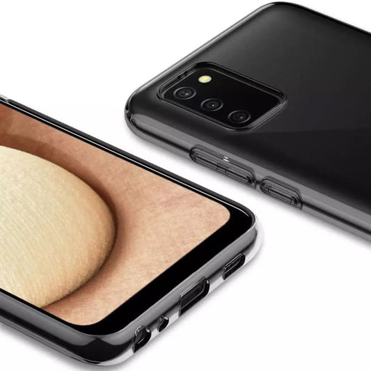 Clear phone case for Samsung Galaxy A02S by 9eight5, showing a transparent, slim protective cover on the device.
