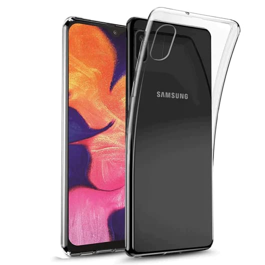 Clear silicone phone case for Samsung Galaxy A10e 5.8 inch, 9eight5 brand, showing the transparent, flexible design on the device.