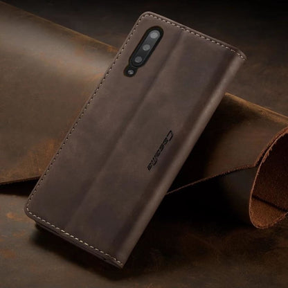 Brown 9eight5 wallet case for Samsung Galaxy A10s, with card slots and protective cover, designed for stylish phone protection.