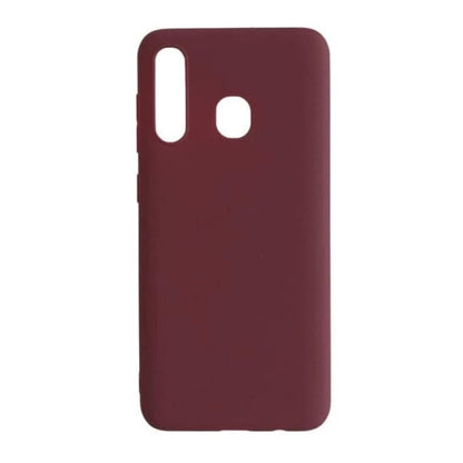 Maroon silicone phone case for Samsung Galaxy A20/A30 by 9eight5, showing a close-up of the textured material and precise cutouts.